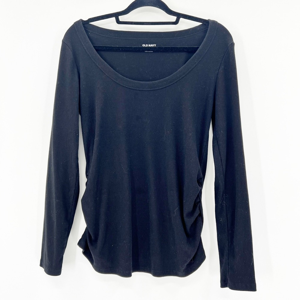 Old Navy Maternity Top Womens Large Black Good Ribbed Long Sleeve Ruched Scoop